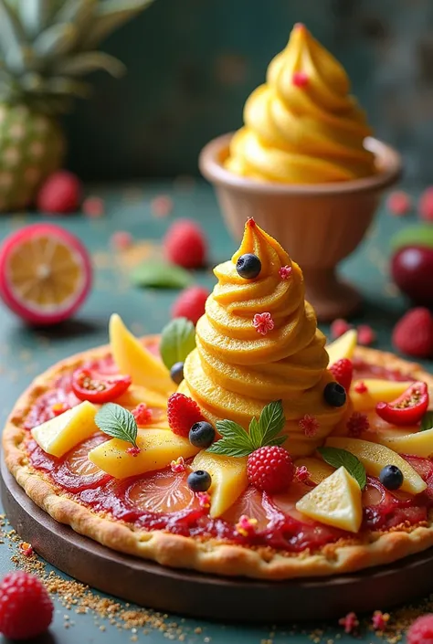 Exotic fruit pizza and corn ice cream