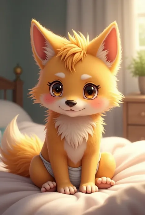 Cute golden furry wolf boy，Sitting on the bed，Diapers，blush，WRONG