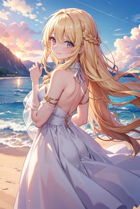 Long Hair, smile, Blonde, Golden Eyes, White dress,Sunset beach,
goddess,diesirae,Soft Light, Gentle colors, Hair that hides one eye, Double braid in low position, Back view, Sticking out tongue, Sparkle Effect, Overlooking, masterpiece, 最high quality, Hig...