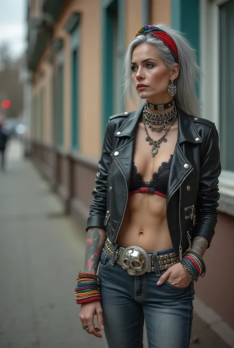 russian milf woman, grey hair (middle part) and wide colourful bandana as headband, with very light blue eyes, extremely pale. Wearing studded cropped black moto jacket with lots of zippers and pins, black and red lace push up bra , dark skinny blue jeans ...