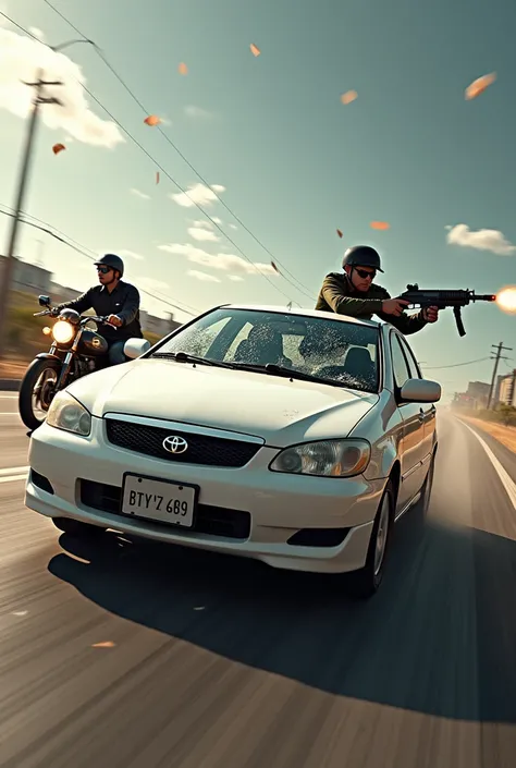 a car, white corolla model with shots on the windshield and a military police officer fleeing on a motorcycle, with one hand on the motorcycle rider and the other with the gun in hand, Shooting out of the car windshield.