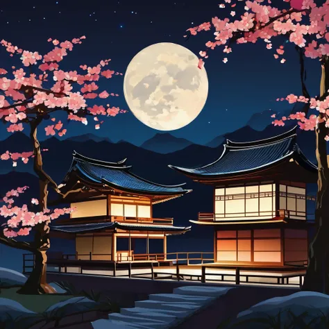 wallpapersv1, Japanese house night moon view patern style wallpapersv1, 8k