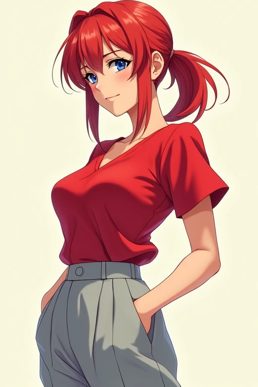 Anime Japanese female High school student Uniform Red hair Low ponytail Blue eyes Scarlet shirt Oversized light grey slacks Large breasts Large buttocks