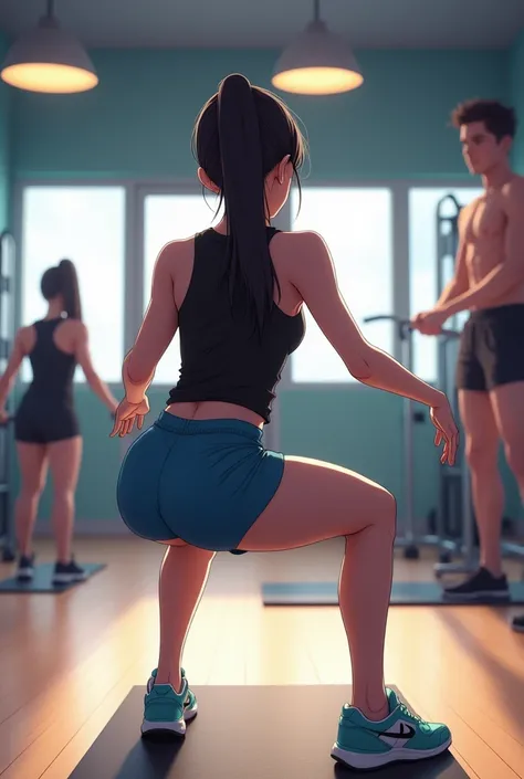  From back point of view.
The image is a screenshot of a video posted on Instagram. It shows a anime girl  in a gym, performing a squat exercise. She is wearing a black tank top and blue shorts, and her hair is tied back in a ponytail.with her left leg ext...