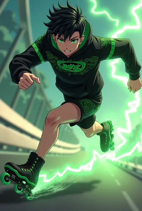 Could you please create an Anime Character. A male character with black hair reaching his ears, bright green eyes, wearing a black hoodie with green lightning around the waist, black shorts, and a silver ring with a subtle lightning pattern. He has a green...