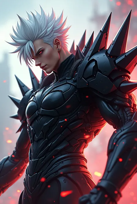 male character, white spiky hair, Eyes red. futuristic armor with spikes, blackw. anime dash