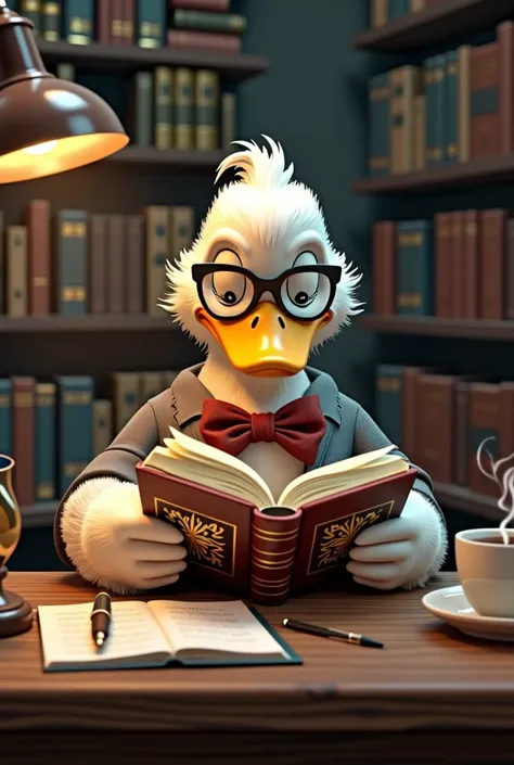 Create an image of a nerdy-looking duck reading a book