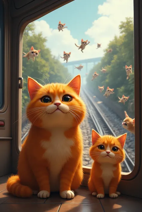 Write a Story of "an orange hair chubby cat traveling with his chubby orange kitten from the railway station to a train crash . The train jolts and begins to descend a steep incline, the scenery of 
falling  outside becoming increasingly chaotic.
Cats are ...