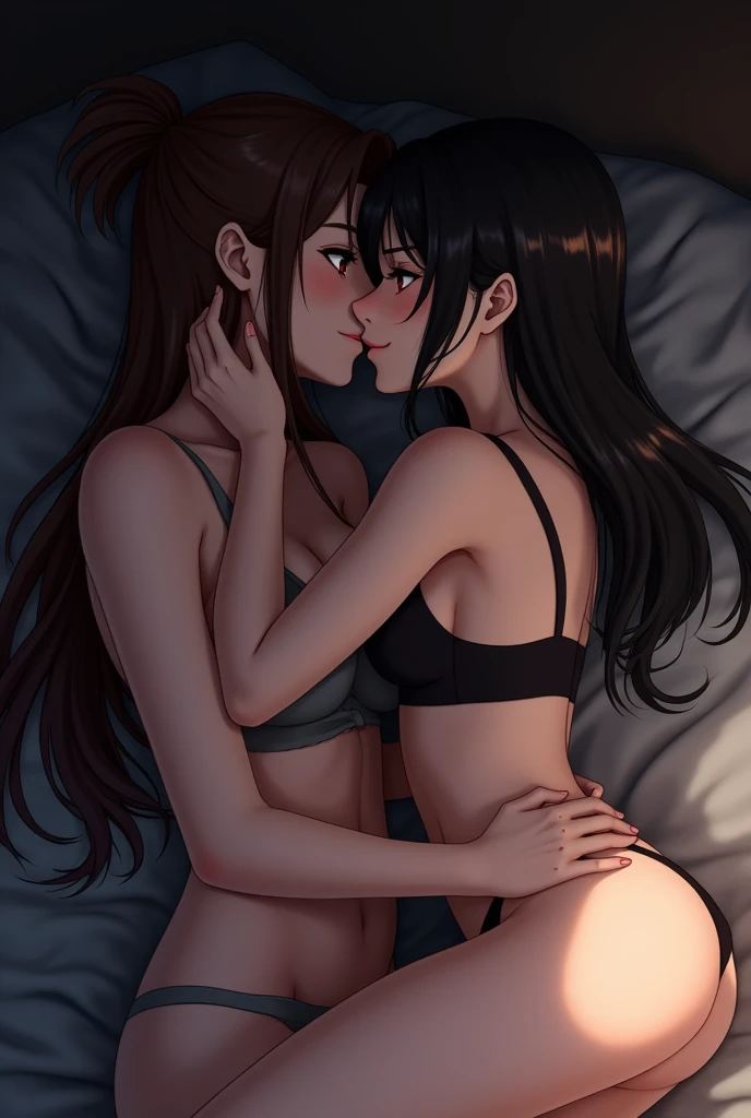 A white anime woman with brown eyes and normal size, with long brown hair tied up and wearing a gray bra, lying in a dark bed, kissing his brown girlfriend in black bra, normal sized brown eyes and medium sized black tied hair.