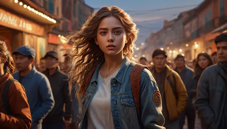 A girl leading people, masterpiece,photorealistic,8k,detailed clothing,detailed face,detailed eyes,detailed hair,dramatic lighting,cinematic composition,warm color palette,digital painting,intricate details,dynamic pose,sense of movement,powerful expressio...