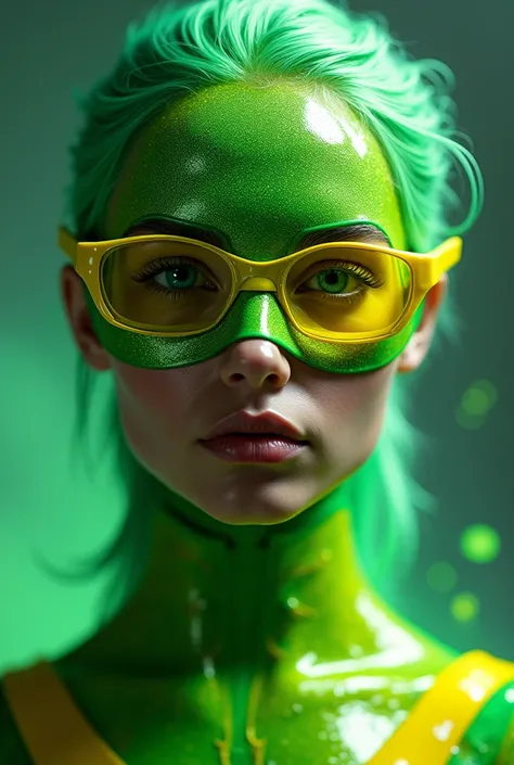 superhero girl green glue mask yellow glasses