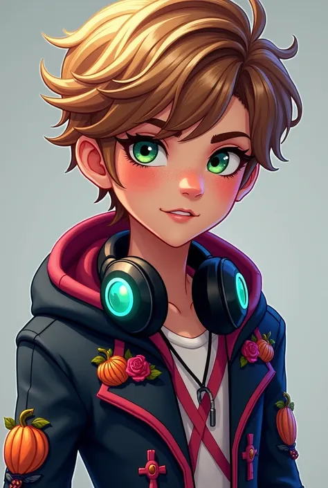 Imagem do filho da Briar Beauty e da Ashlynn Ella de Ever After High: LnF , a teenage boy with golden hair with brown and pink highlights, light brown skin with freckles, greeneyes, black headphones with aqua green on the neck, navy blue outfit with black ...