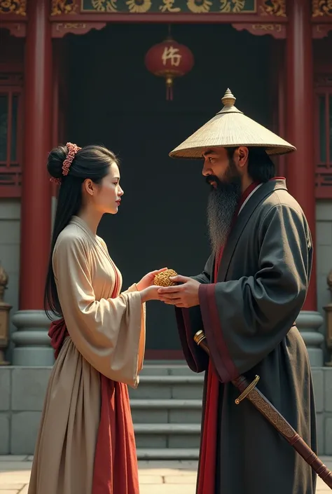 A young lady is giving alms to a long-bearded gangster wearing a conical hat and carrying a sword in front of an Asian temple.