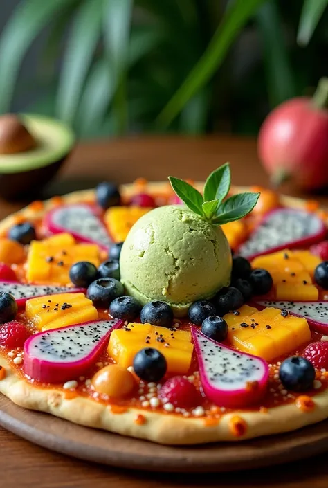 Exotic fruit pizza: Star fruit, three, red pitaya , zapote,mangostino, water apple,Blueberries and avocado ice cream,mamoncillo and corn