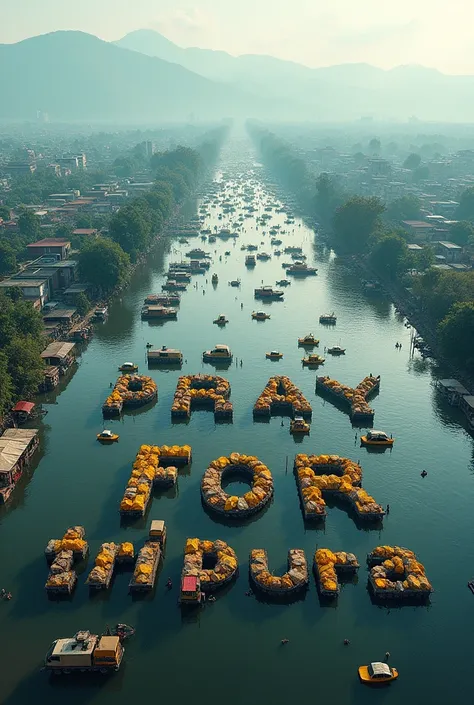 Create an aerial view of a vast flooded city with buildings and mountains in the distance. The foreground is filled with countless vehicles and tents arranged in a grid pattern, forming large letters that spell out as  "PRAY FOR TRIPURA". The scene should ...