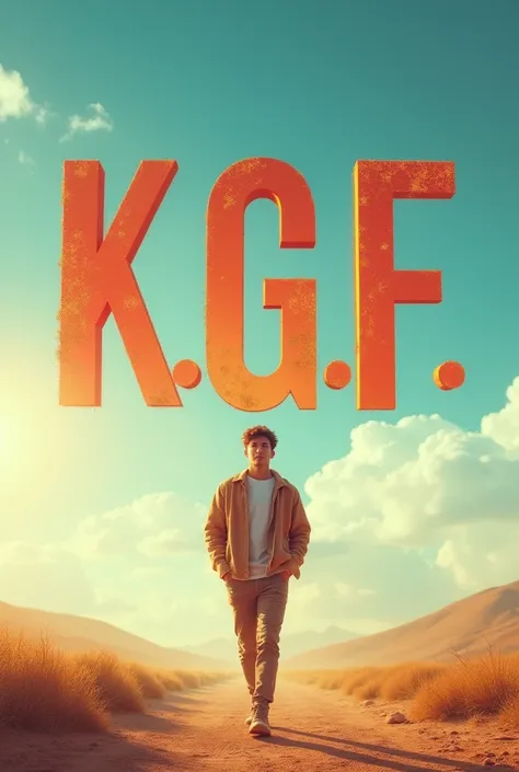 A younger man walking/ background of the picture Write  K.G.F on the sky