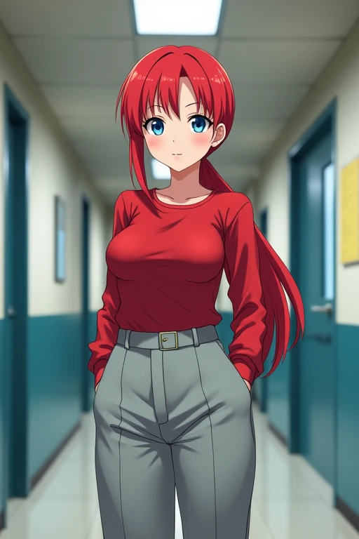 Anime Japanese female High school student Uniform Red hair Long hair Low ponytail Blue eyes Scarlet shirt Oversized light grey slacks Large breasts Big butt School hallway