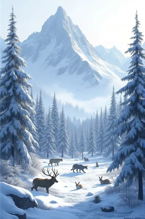 A forest on snowy mountains and some snow animals