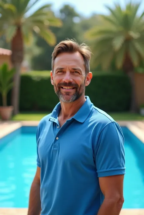 A BROWN MAN, with a short beard and mustache, wearing a blue polo shirt with a white collar, in the background with a swimming pool