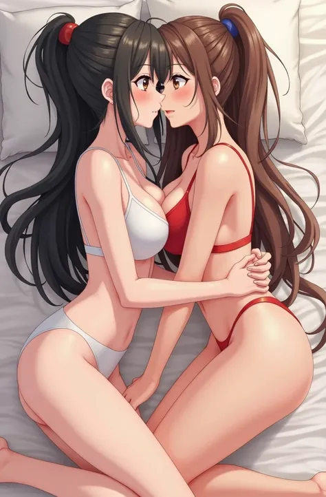 Uma Mulher de anime branca com eyes browns, long hair, tied up black guy in white bra on a bed kissing his girlfriend, also white, with red bra, eyes browns, and tied brown hair.