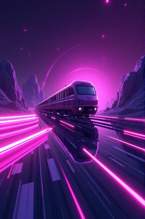 Lofi style, purple neon train flying in neon space, cartoon like
