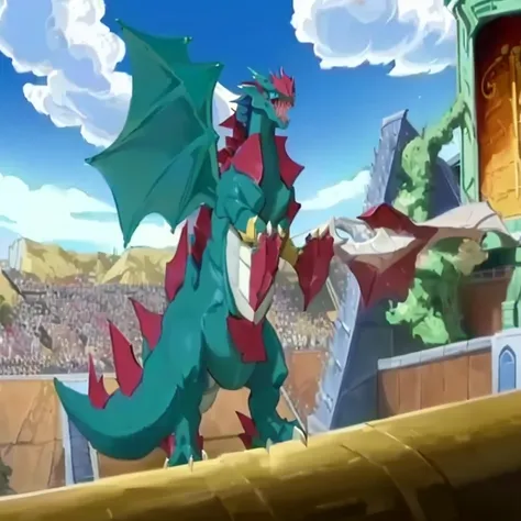 there is a dragon that is fighting a dragon in a stadium, slifer the sky dragon, gelbooru anime image, safebooru anime image, dialga the pokémon, a baddass dragon, gurren lagan, but as an anthropomorphic dragon, sharp!, dra the dragon, pokemon fighting at ...