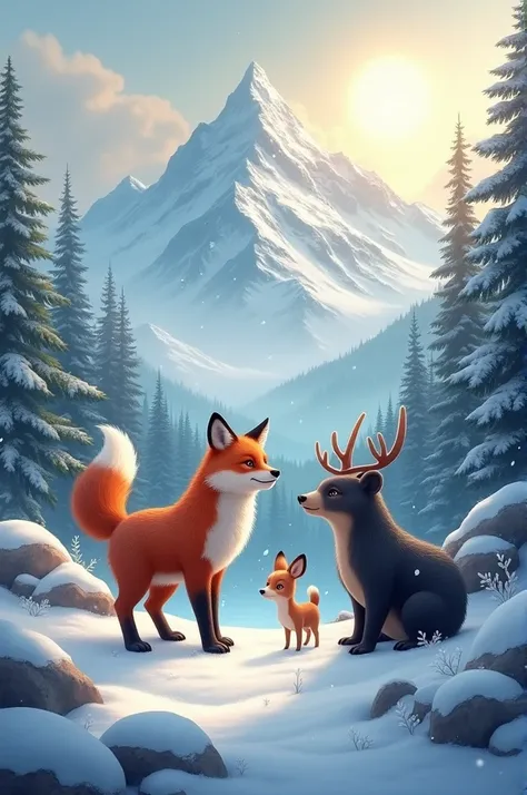 A forest on snowy mountains and 3 animals 