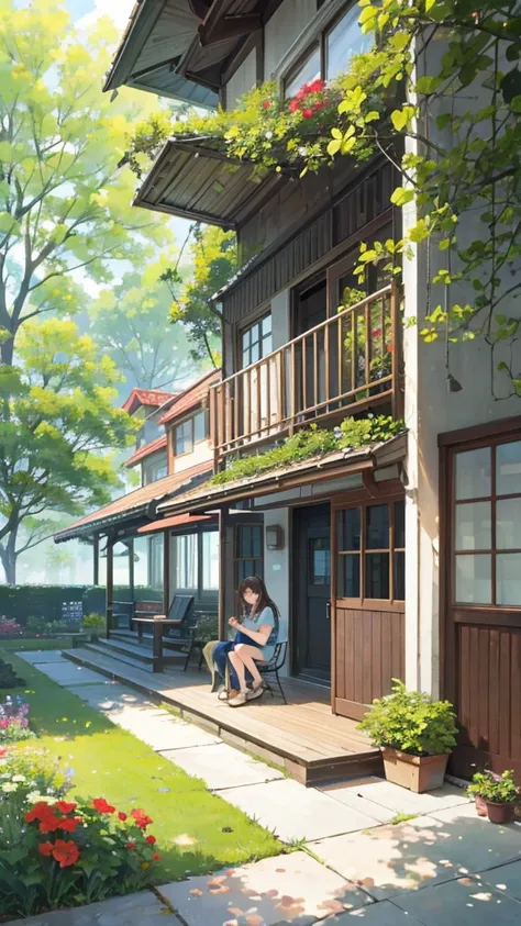 ((scenography)), A modern-style house with a full view of the exterior. In the front yard, a woman with long brown hair and a cute appearance is seen wearing a comfortable, casual outfit. She is relaxed, enjoying the serene garden filled with lush green tr...