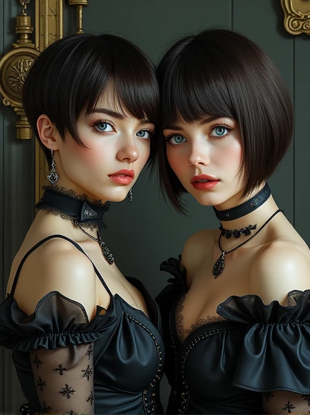 one single Beautiful 2 woman. Dark brown hair, pixie haircut. blue eyes. daring outfit. goth tomboy. maidenly charm. Dark sci-fi. Warhammer 40k. Dieselpunk and steampunk. baroque oil painting.