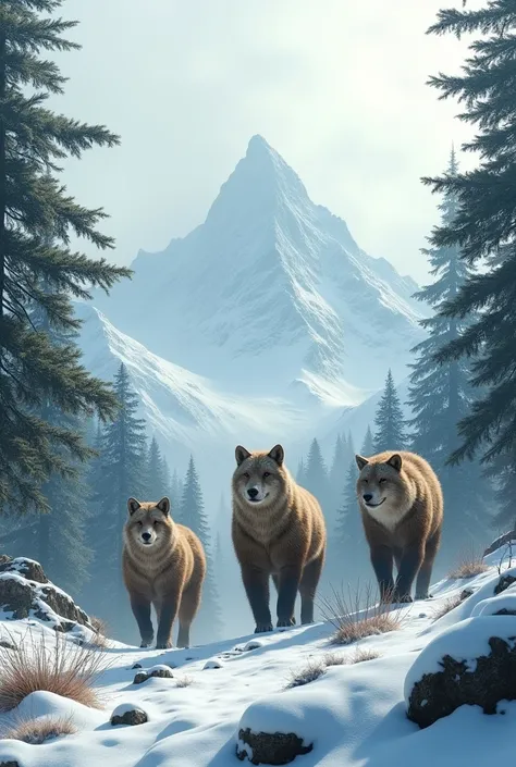 A forest on snowy mountains and 3 reality style animals 