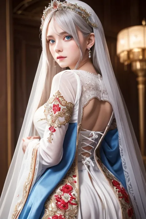 a  girl with absurdly long white hair, blue eyes, wearing an ornate long white and red see-through layered long dress with long detached wide sleeves and intricate embroidery, a bridal veil, circlet, bridal gauntlets, blushing and shy, arched back, ruffled...