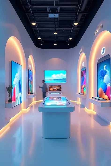 Recreation of a point of sale space dedicated to cell phones with rounded lines and spacious modules to place things, video screens and lots of lights with illuminated signs, Super detail, HD, 8k, Super detail, Best Quality