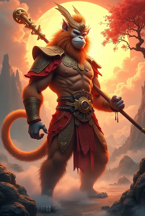 A detailed depiction of the Monkey King from Journey to the West. The Monkey King has a regal yet mischievous appearance with a muscular build and rich golden-brown fur. He wears a golden headband that glows faintly and is dressed in traditional Chinese wa...