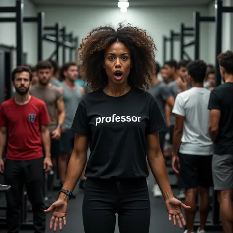 "A bustling gym with various exercise machines visible, including bench press, rowing machine, free weights, and leg press. The room is filled with students, both men and women, actively working out. In the middle of the aisle stands the gym instructor, a ...