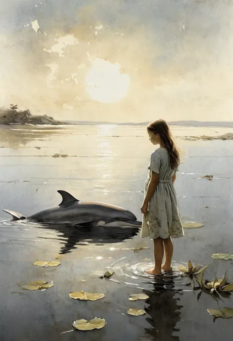 A poetic sketch about the friendship of a girl and a dolphin.  masterpiece. The art by Andrew Wyeth features a muted floral palette and dry brush technique that creates a calm animation feel.  mystical light and shadows.
