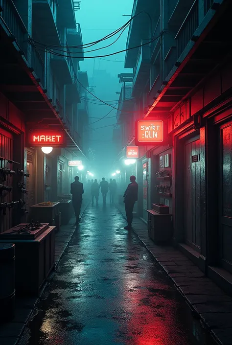 A dark street that tapers towards the back and darkly opens out to a black market. on the right side there is a door that leads to a club and on the left side there are stands where you can buy weapons. Sci Fiction 