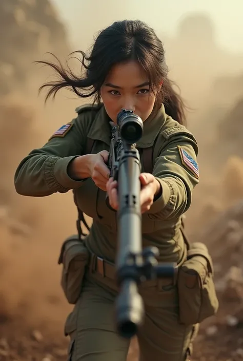 photorealistic、Realistic skin textures、A beautiful Japanese woman belonging to the American military is aiming with a sniper rifle.、standing、On the rubble、brown dust smoke、Action poses with movement、Image from front top