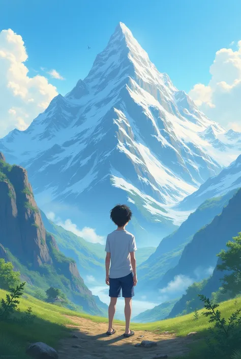 A anime boy who standing in front of hills in the center of mountain. Highly detailed, backside view , white shrit.