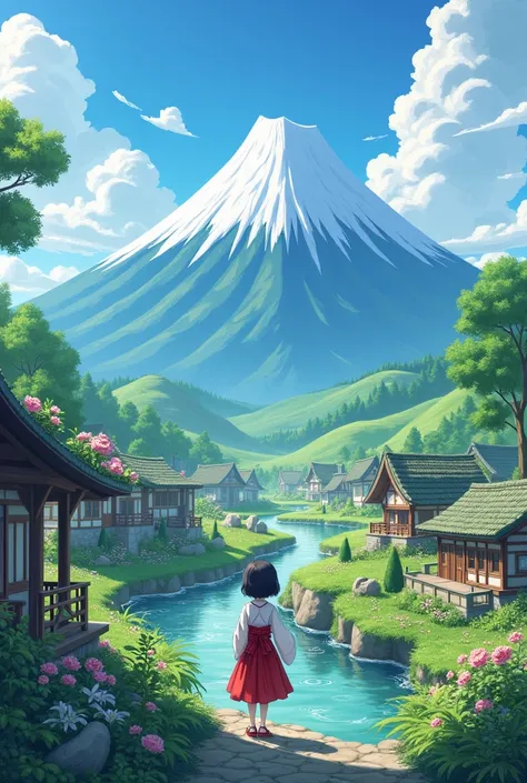 "A vibrant, colorful village with lush green hills and sparkling streams. A young girl named Aiko, wearing traditional attire, stands in awe, gazing up at a distant, majestic mountain. The scene is filled with bright flowers, cozy cottages, and a clear blu...