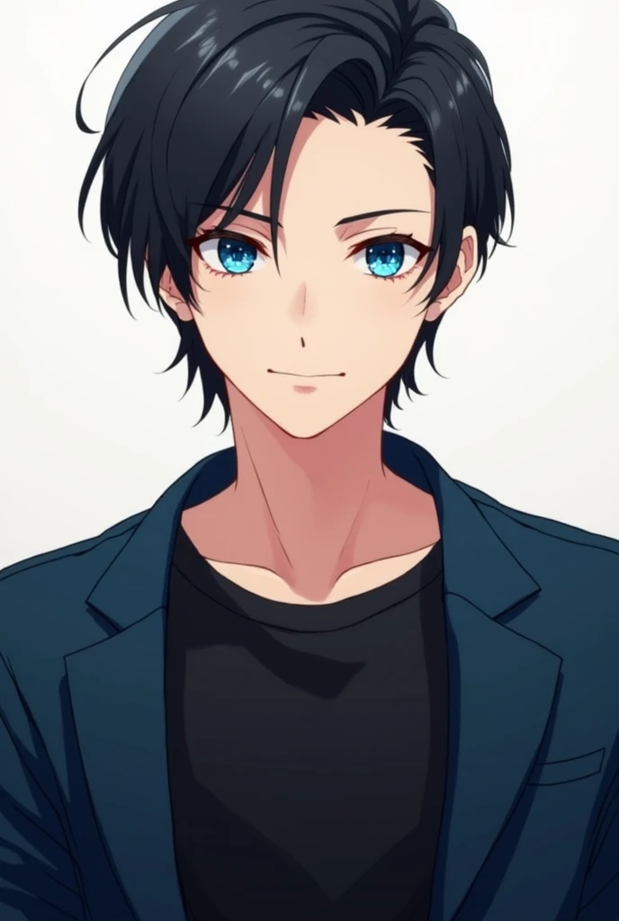 male character, black hair combed to the side, shining blue eyes, Plain black shirt, dark blue jacket. anime dash