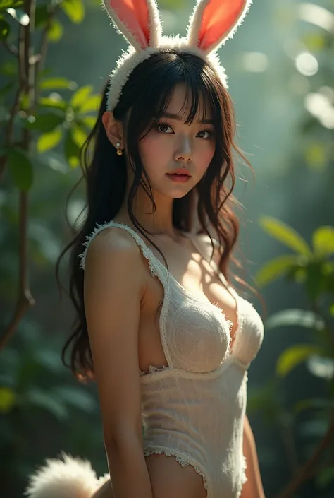 (masterpiece), Realistic, Cinematic Light,Made with fresh plants,the scenes lighting highlights the girls features、adding depth to the overall composition。. The Cinematic Light casts intriguing shadows、giving the image a dramatic atmosphere.Bunny girl