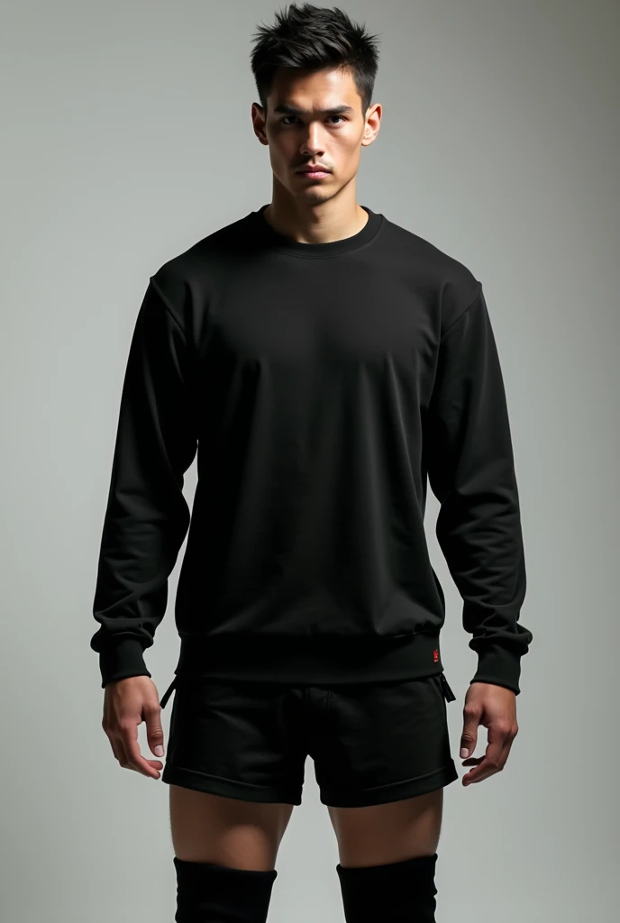 a realistic photo of a young man with a serious expression wearing a black long sleeve shirt, a pair of short black shorts and black knee-high boots