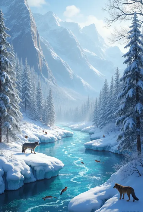 A forest on snowy mountains and a huge frozen river with different fish,1 wolf and squirrels 