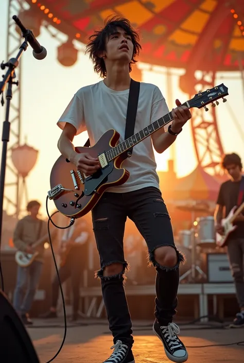 Handsome asian teenager 18 year old, singing and playing guitar with his band on the stage. The background at daylight of carnaval playground. he is wearing T-shirt ripped black jeans pants and sneaker shoes, black messy hair, full body sight, 4k detailed ...