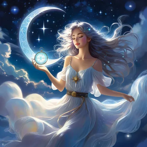 the girl, ethereal and serene, floats among a cloud of shimmering stardust holding a compass that glows with soft heavenly light. Her hair flows softly in the wind and her eyes gaze dreamily at the breathtaking full moon that illuminates the surrounding fa...