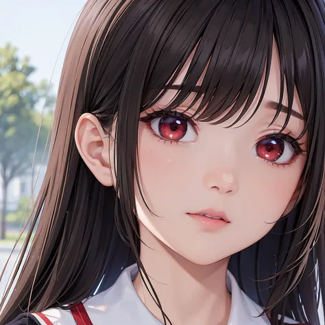 (masterpiece), (best quality), (high resolution), resolution, beautiful detailed eyes, highly detailed face, 1 girl, beautiful, beautiful red eyes, flat expression, (wearing school uniform), perfect body, (hair black), (covered clothes), ((Background of su...