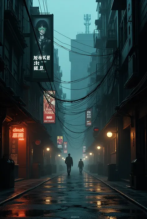 A dark street that tapers towards the back and darkly opens out to a black market. on the right side there is a door that leads to a club and on the left side there are stands where you can buy weapons. Sci fiction houses decorated with advertising boards ...