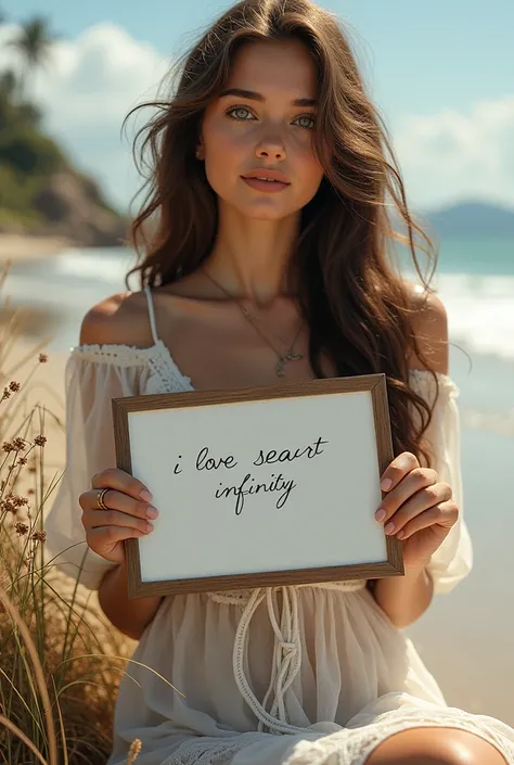 Beautiful girl with wavy long hair, bohemian dress, holding a white board with text "I Love Seaart Infinity" and showing it to the viewer