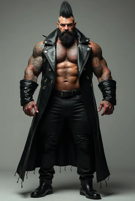 Create a 3/4 side view of a highly detailed image of a massive, muscular man exuding raw power and masculinity through a massive bulge in his pants, with clear, well-lit surroundings that fully reveal his imposing presence. He is clad in a long, striking l...