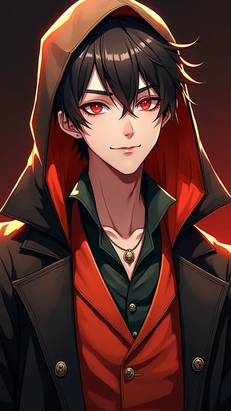 create a male vampire character with black hair, a smirk, slanted and red eyes, pale skin, with an overcoat. in a dark place
